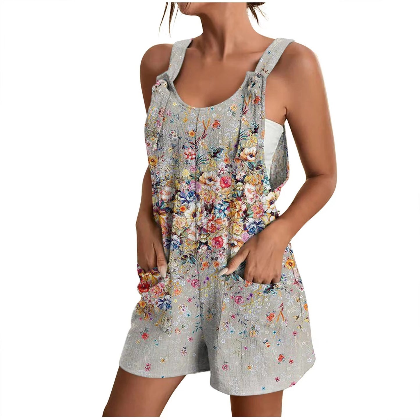 V-neck Strap Pocket Printed Jumpsuit Shorts