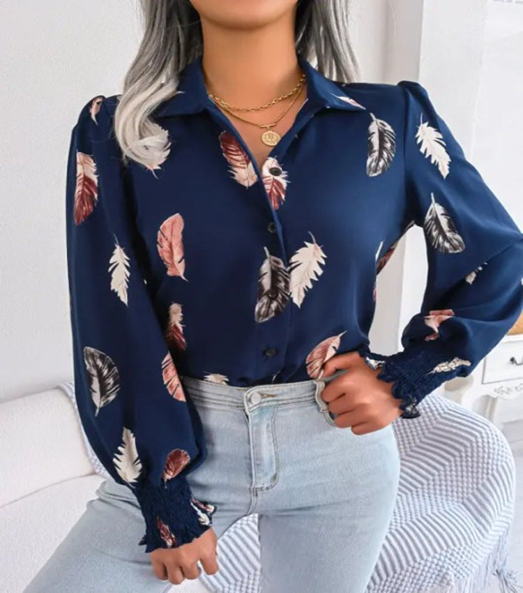 Feather Print Lantern Long Sleeve Shirt