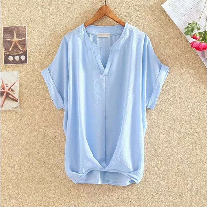 Solid Color V-neck Batwing Loose Slimming Cotton & Linen Top