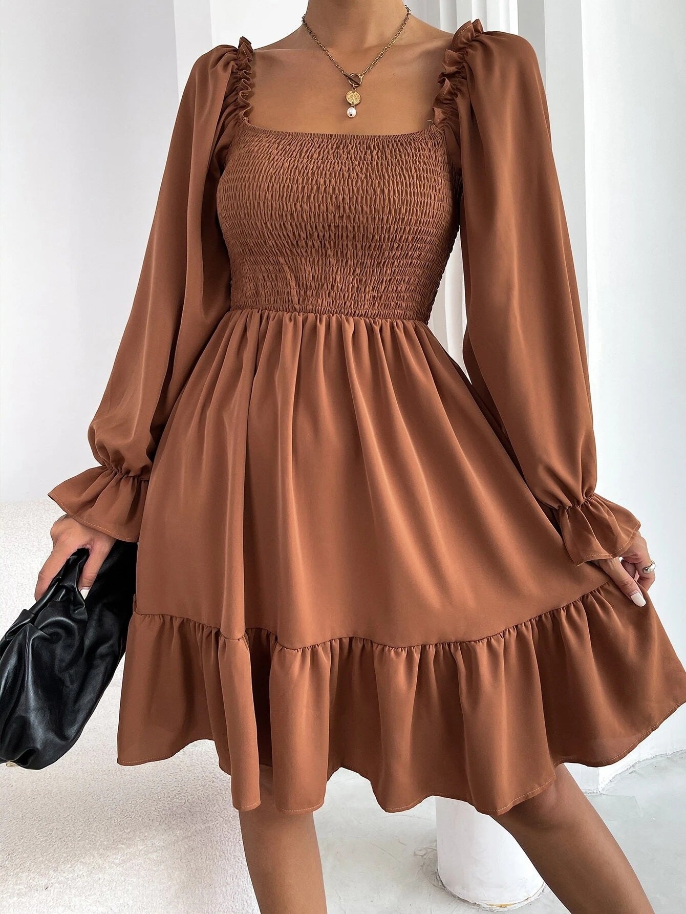 Flared Long Sleeve Ruffled Swing Dress