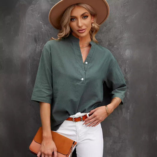 Solid Color Leisure Pullover Half-sleeve Shirt Top