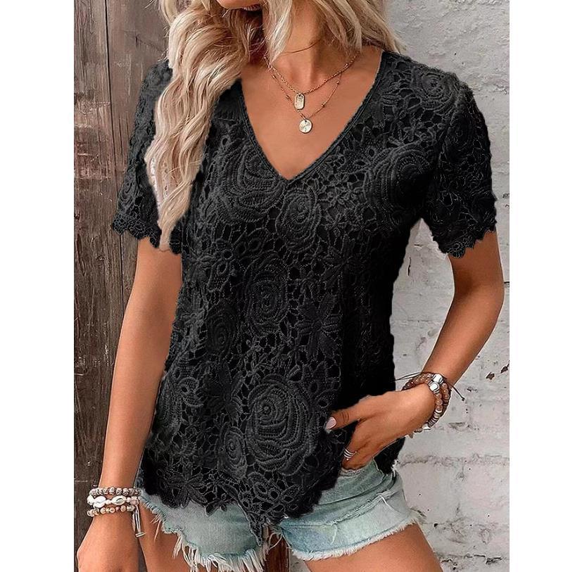 Short Sleeve Lace V-neck Loose T-Shirt