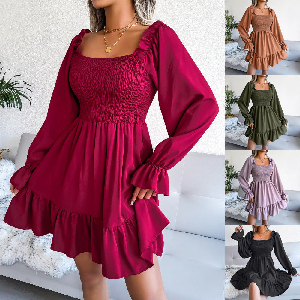 Flared Long Sleeve Ruffled Swing Dress