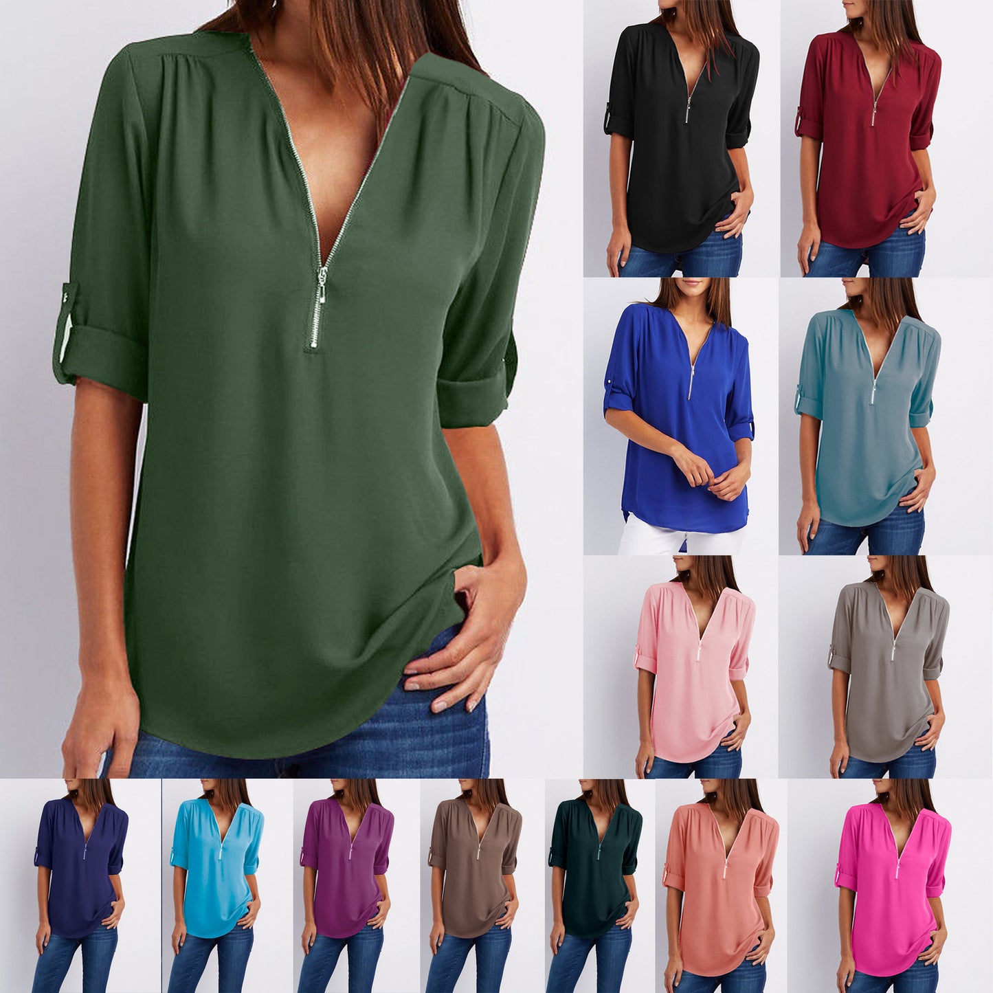 Zip V-neck Short Sleeve Loose Top