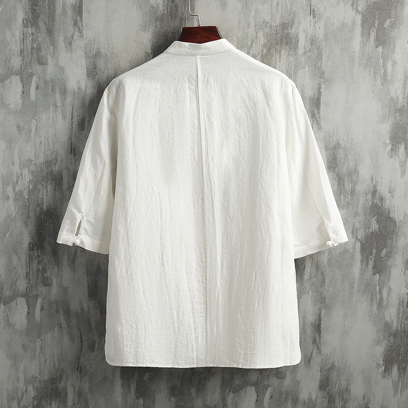 Stand Collar Short Sleeve Cotton Linen Shirt