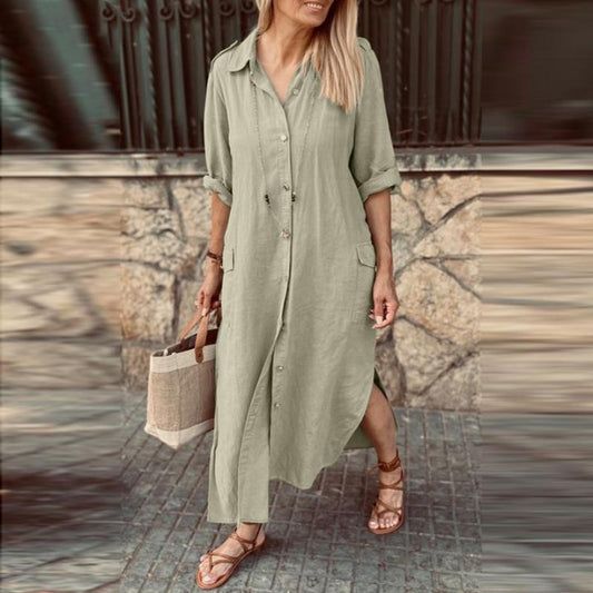 Cotton & Linen Button Long Shirt Dress