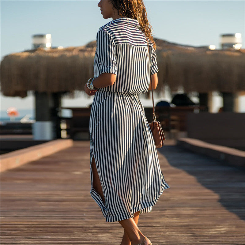 Stripe Chiffon V-neck Maxi Dress