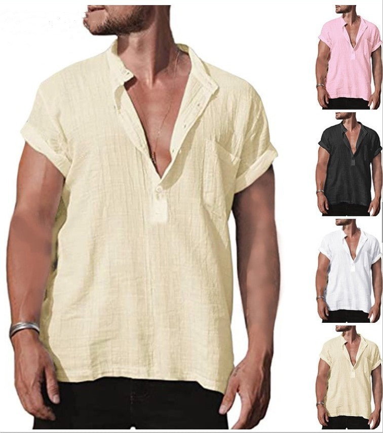 Loose Stand Neck Solid Color Pocket Short Sleeve Shirt