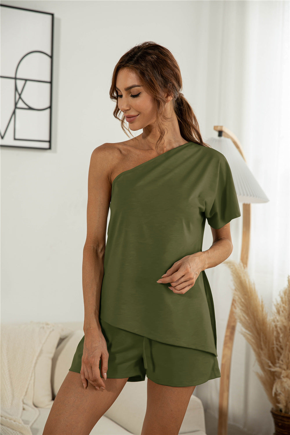 Off-the-shoulder Short Sleeve Casual Two-piece Set