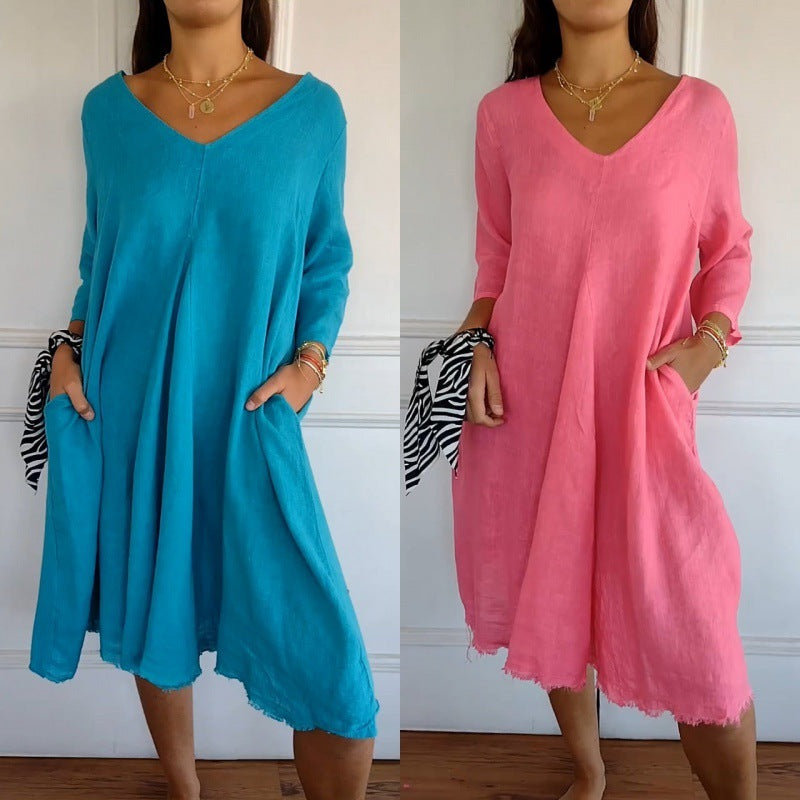 Plus Size Spring-Summer Loose-fitting V-neck Mid-length Dress