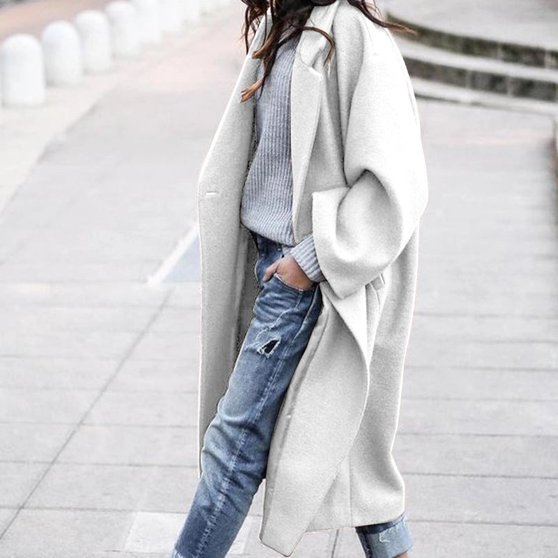 Solid Color Single Breasted Lapel Woolen Coat