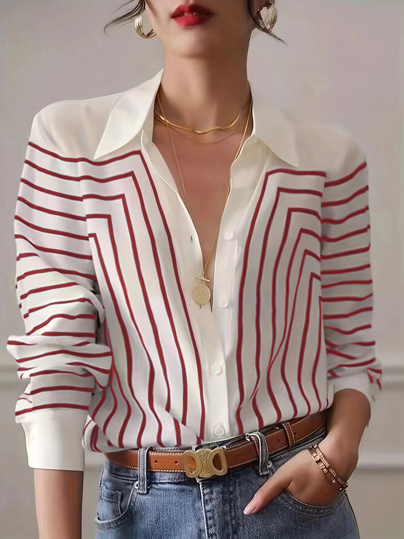 Long Sleeve Loose Striped Silk Top