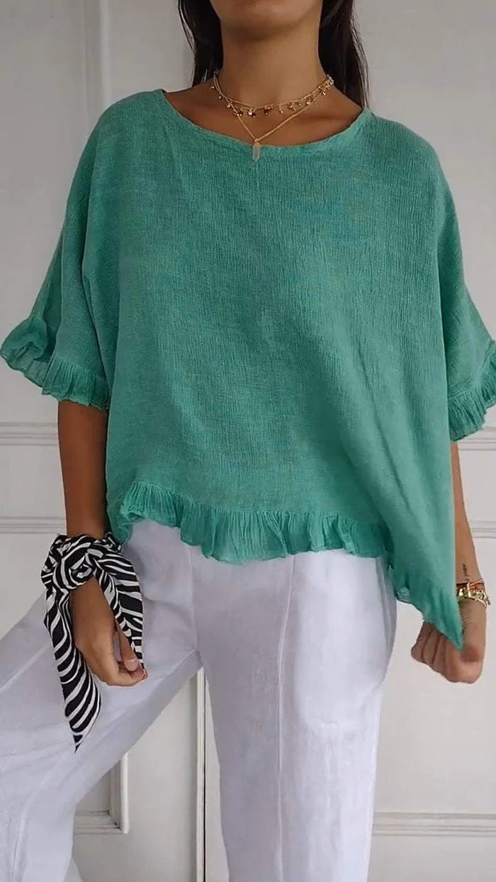 Pure Color Ruffles Casual Short-sleeved Top