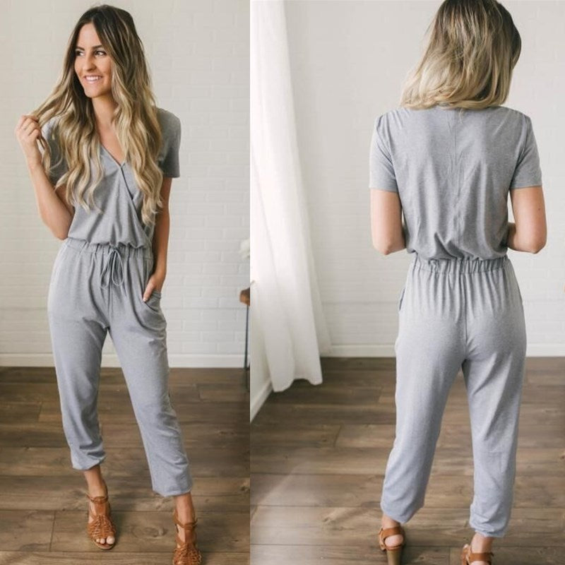 Elastic Waist Drawstring Pocket Straight Leg Jumpsuit