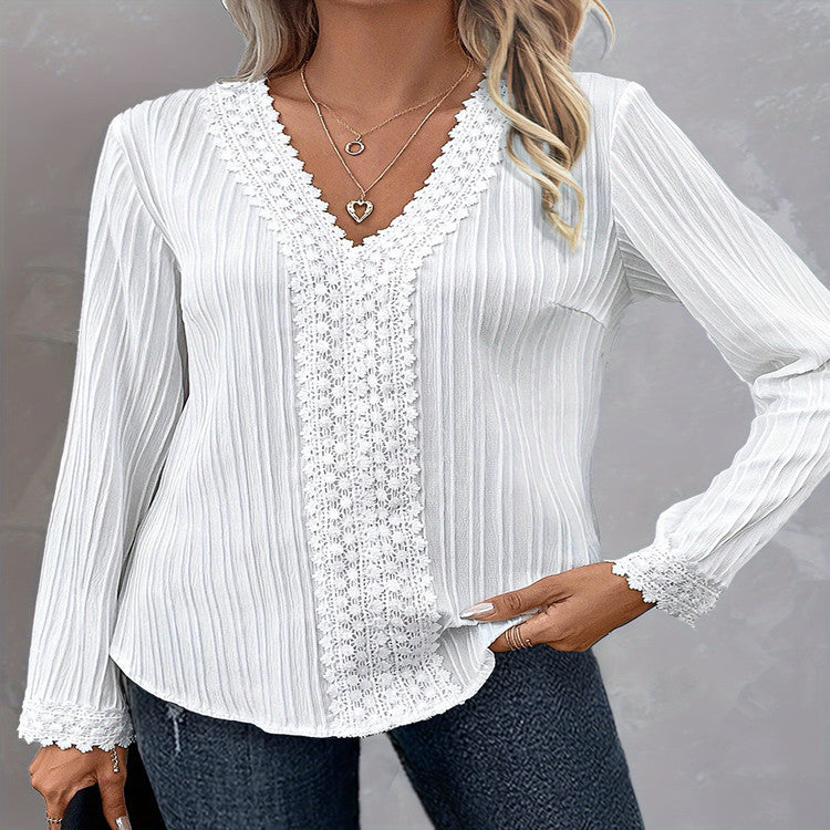 Elegant V-neck Lace Stitch Long-sleeved Shirt