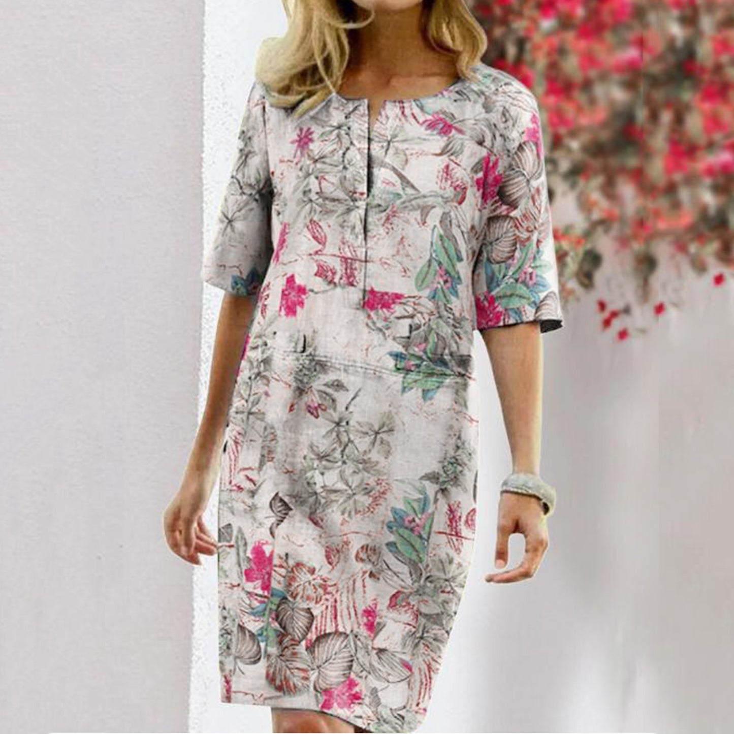 Vintage Floral Leaf Print Slit Round Neck Half Sleeve Dress