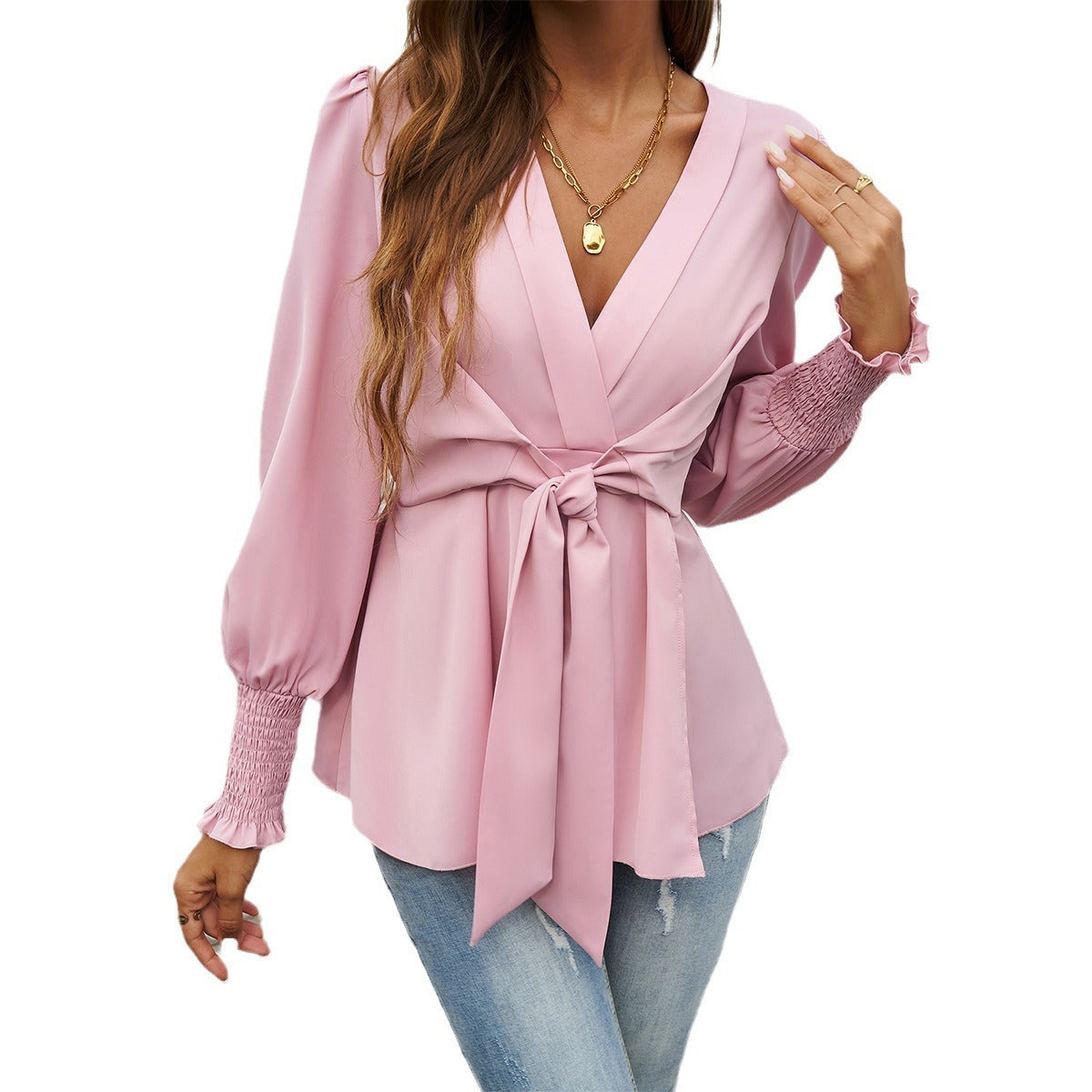 Temperament Leisure V-neck Solid Color Long-sleeved Top