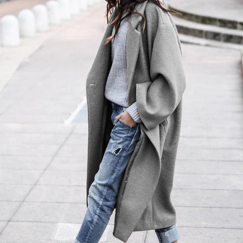 Solid Color Single Breasted Lapel Woolen Coat