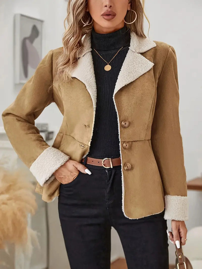 Casual Warm Fur Integrated Lapel Pocket Jacket