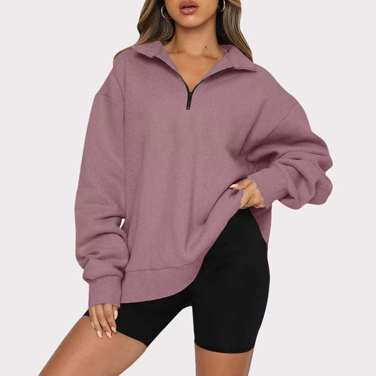 Zip Turndown Collar Loose Casual Hoodie