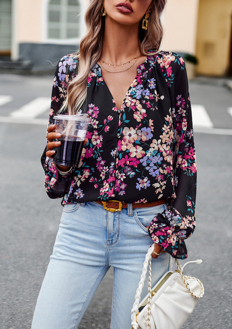 Floral Print V Neck Long Sleeve Chiffon Shirt