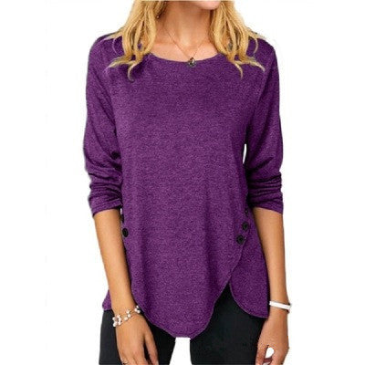 Spring Summer Irregular Button Hem Long Sleeve Round Neck T-Shirt