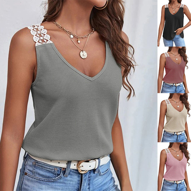 Waffle V-Neck Sleeveless Lace Top