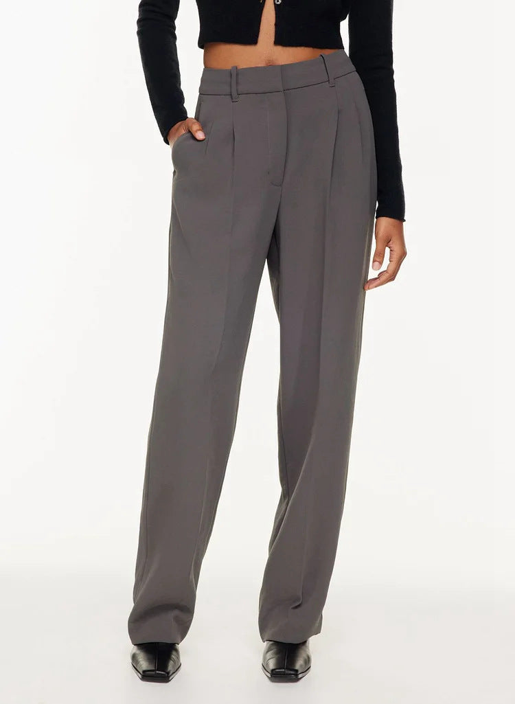 High Waist Wide Leg Straight Trousers with Pockets