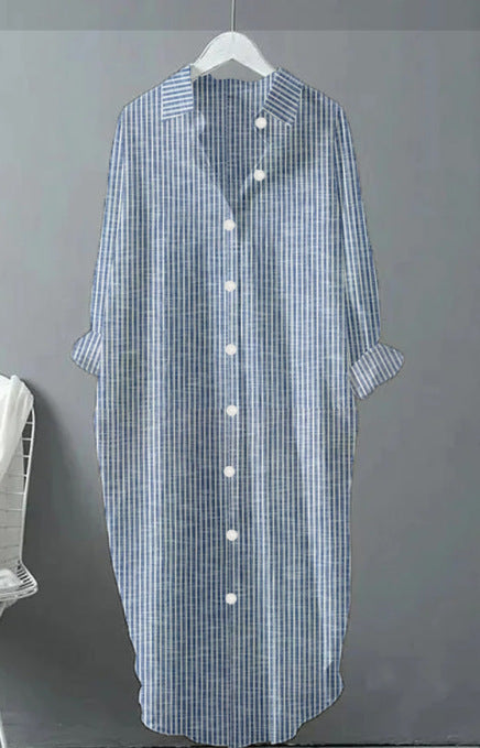 Striped Loose Casual Mid-length Shirt Dress