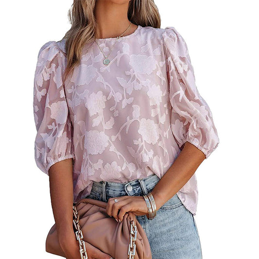 Puff Sleeve Chiffon Loose Flower Texture Top