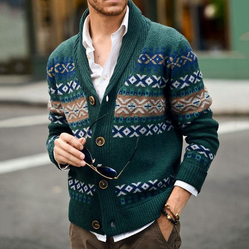 Lapel Long Sleeve Jacquard Cardigan