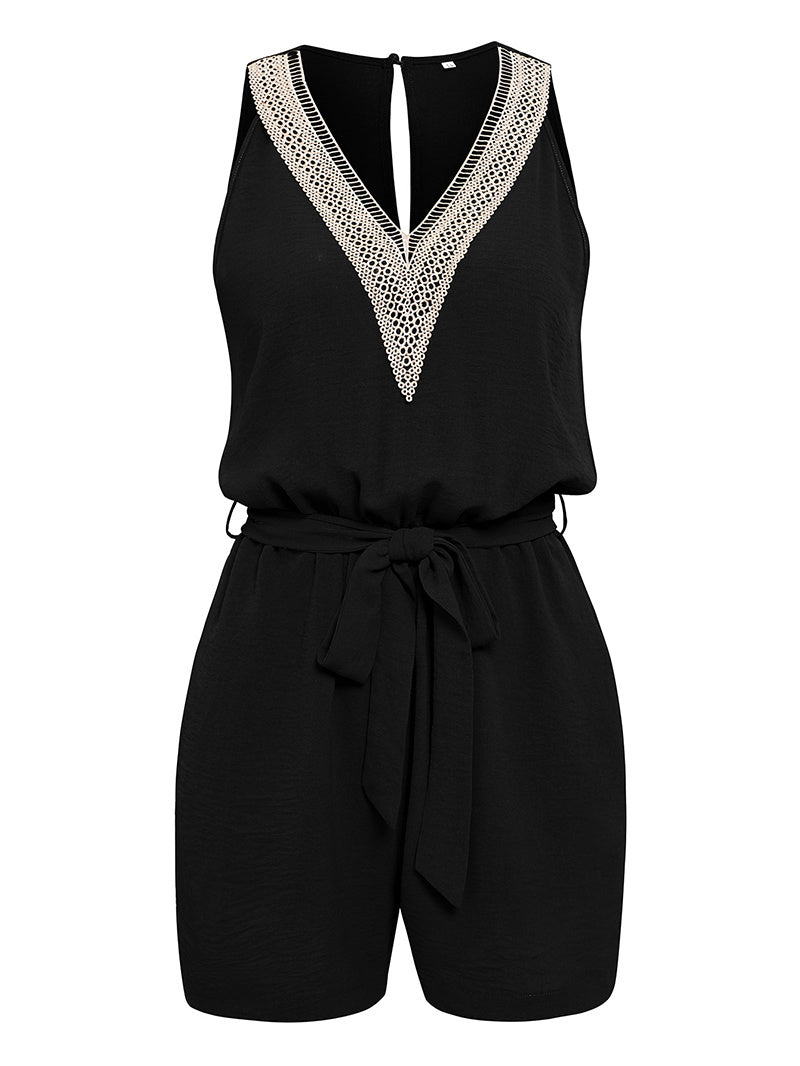 Lace V-neck Sleeveless Tops Tie-up Shorts Jumpsuit