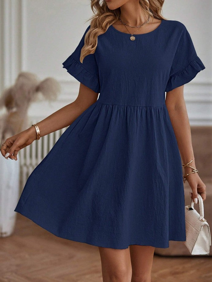 Elegant Round Neck Loose Cotton & Linen Dress