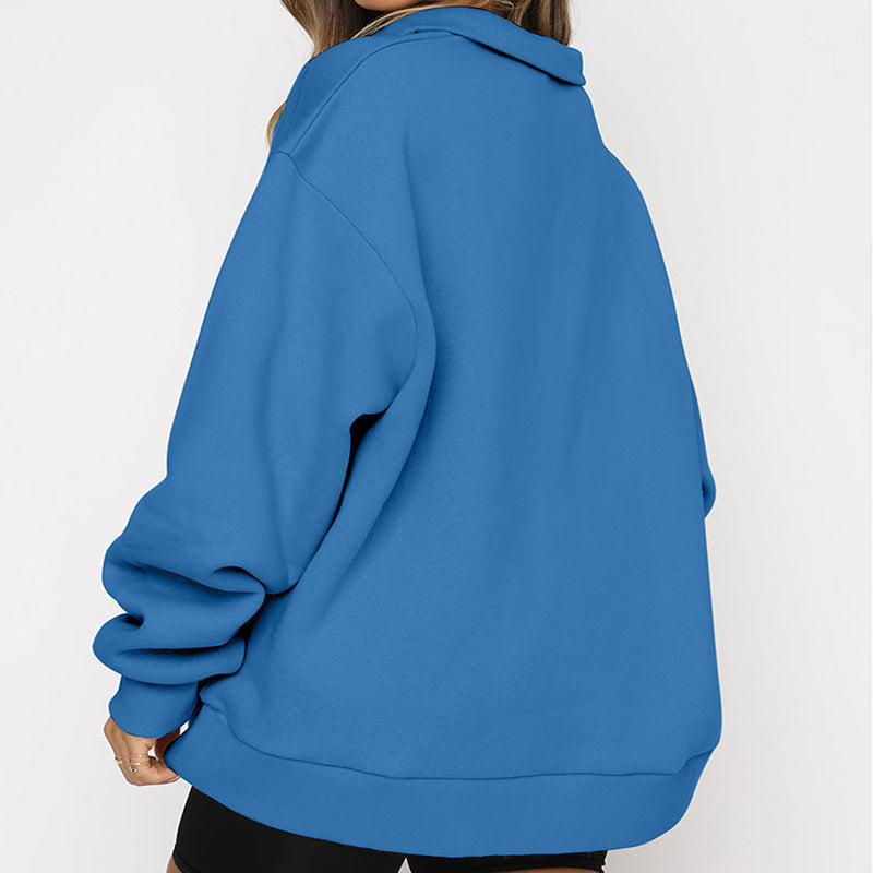 Zip Turndown Collar Loose Casual Hoodie