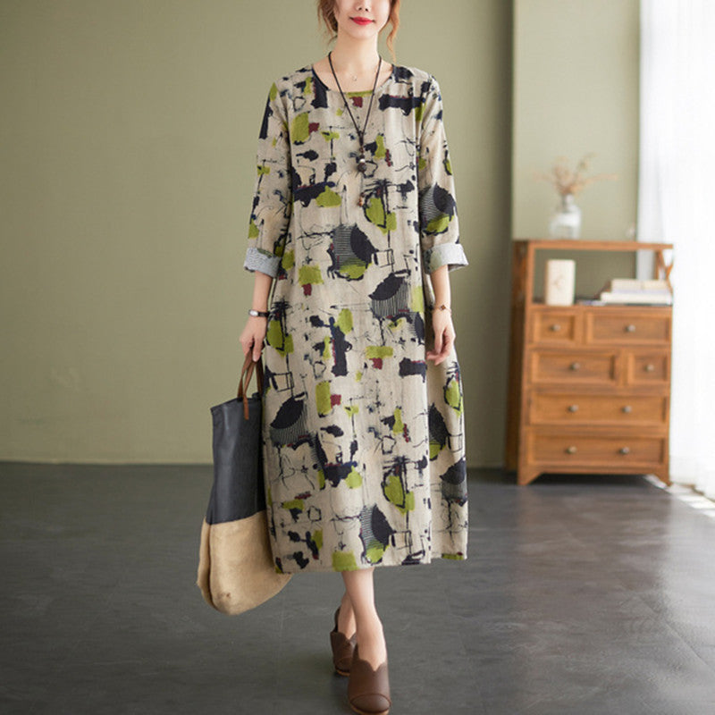 Cotton Linen Vintage Floral Print Dress