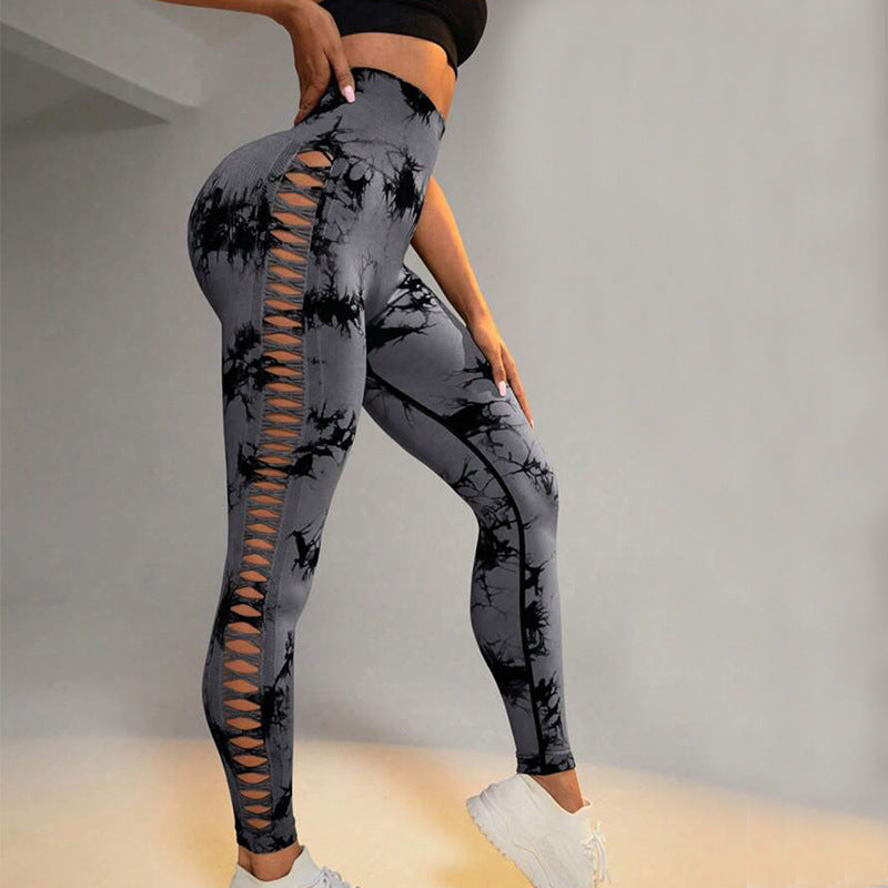 Hollow Tie Dye Printed Yoga Pants