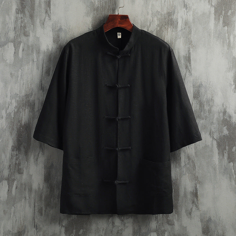 Stand Collar Short Sleeve Cotton Linen Shirt