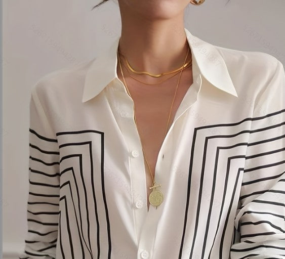 Long Sleeve Loose Striped Silk Top