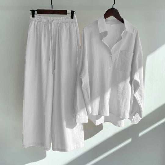 Cotton & Linen Shirt Set with High Waist Loose Trousers