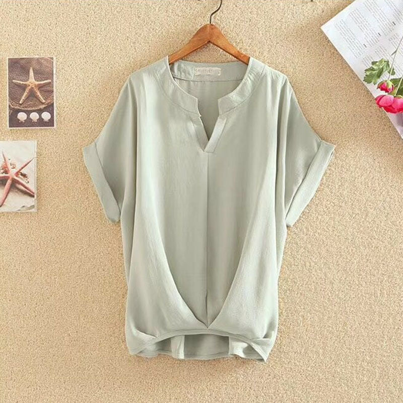 Solid Color V-neck Batwing Loose Slimming Cotton & Linen Top