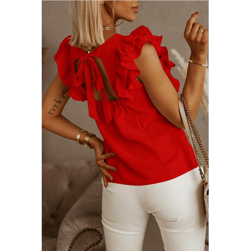 Loose Round Neck Solid Ruffle Short Sleeve Shirt