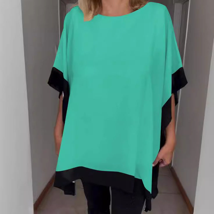 Round Neck Loose Short Sleeves Batwing Solid Color Top