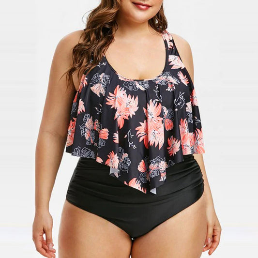 Plus Size High Waist Ruffle Print Swimwear