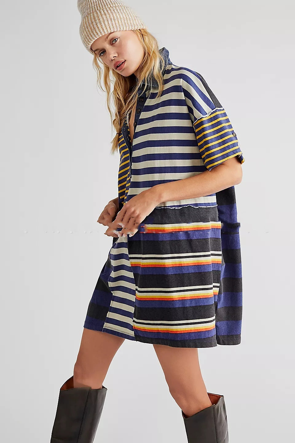 Mid-sleeve Lapel Contrast Color Striped Loose Casual Dress