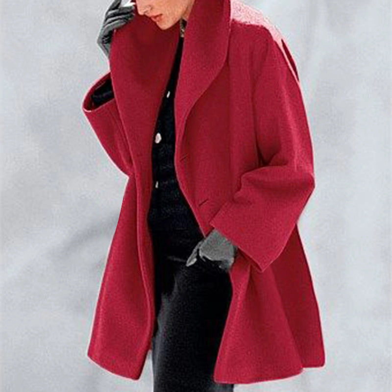 Round Neck Solid Color Woolen Coat