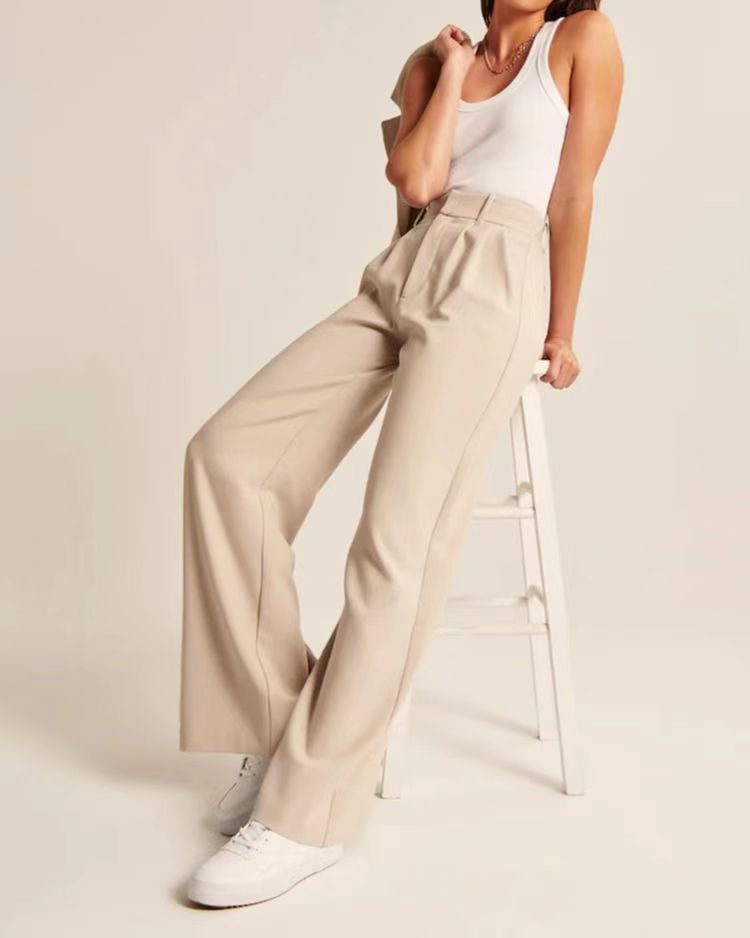 High Waist Wide Leg Straight Trousers with Pockets