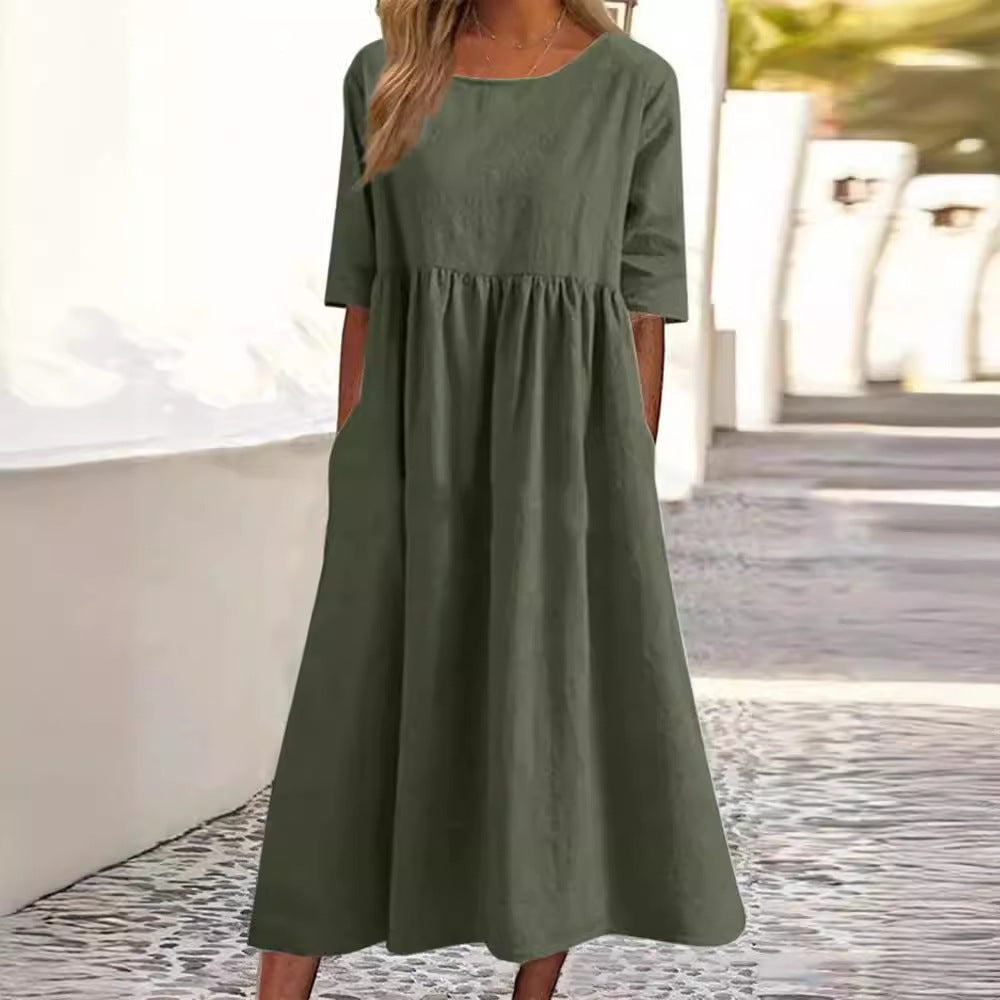 Plus Size Round Neck Loose Long Solid Color Cotton Linen Dress