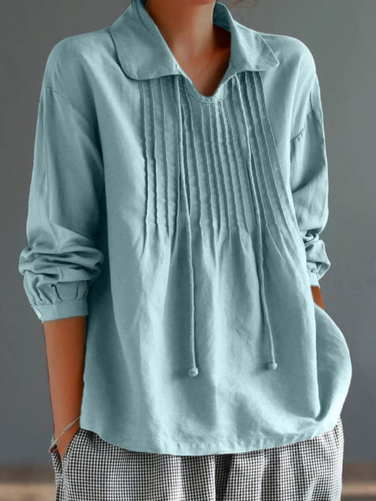 Loose Cotton & Linen Long Sleeve Pleated Lapel Top