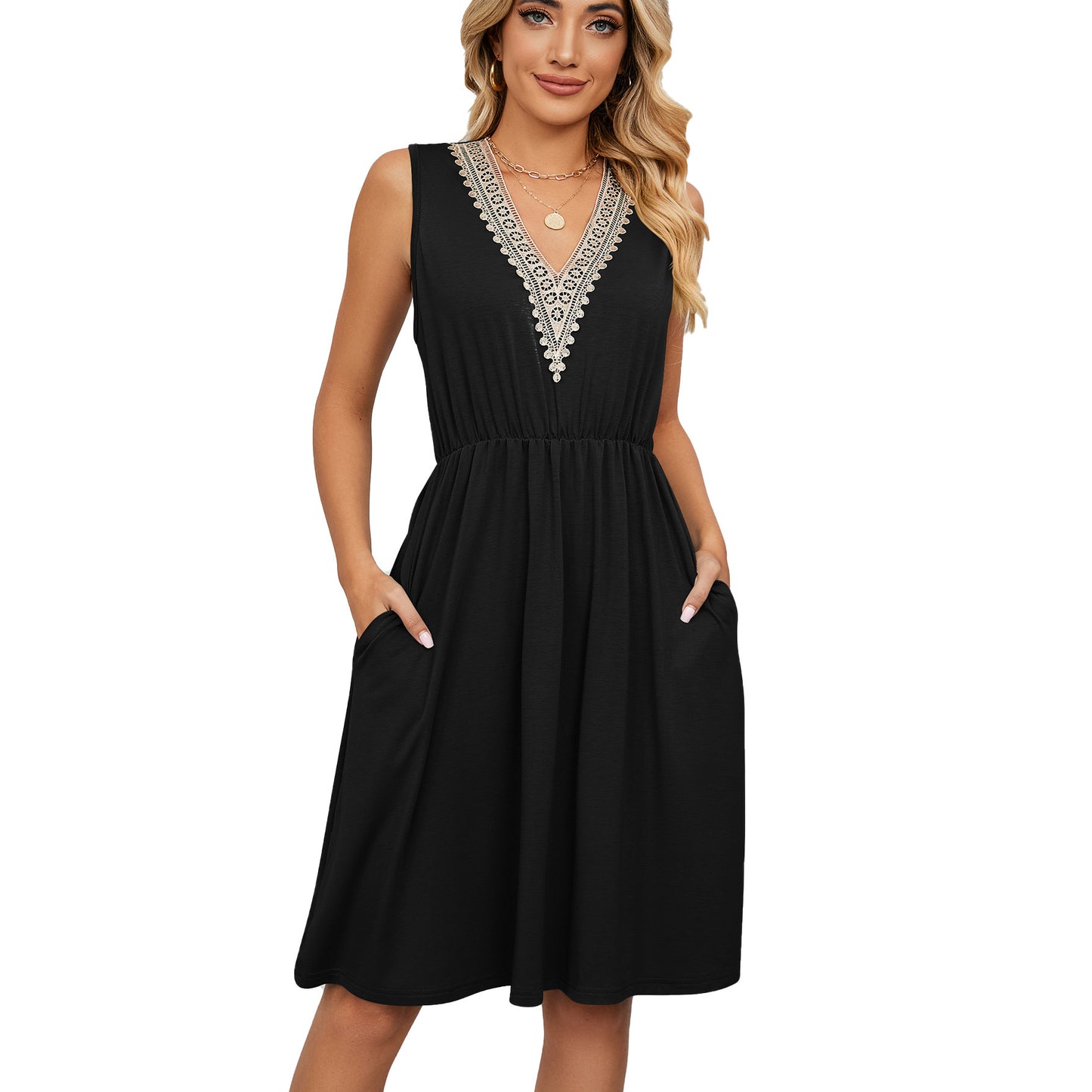 Lace Panel Sleeveless Dress with Pocket