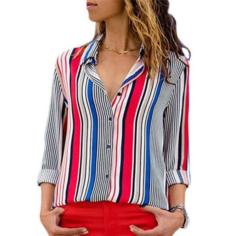 Striped Casual V-Neck Long Sleeve Chiffon Blouse